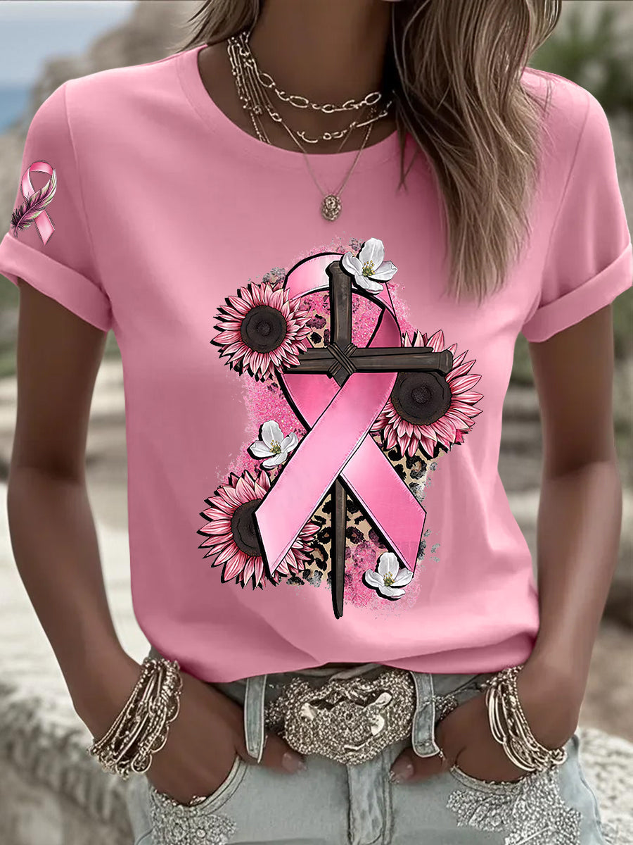 Women's Breast Cancer Awareness Pink Ribbon Short Sleeve T-shirt