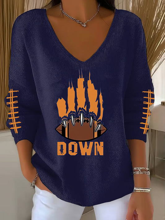 Women's Football Fans Lovers Gameday Casual V-Neck Ribbed Top