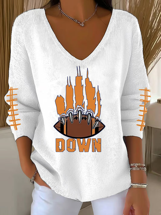 Women's Football Fans Lovers Gameday Casual V-Neck Ribbed Top