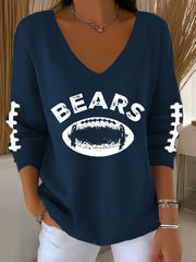 Women's Football Fans Lovers Gameday Casual V-Neck Ribbed Top
