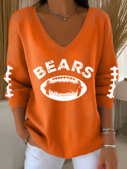 Women's Football Fans Lovers Gameday Casual V-Neck Ribbed Top