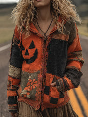 Women's Patchwork Halloween Pumpkin Face Art Cozy Knit Hooded Cardigan