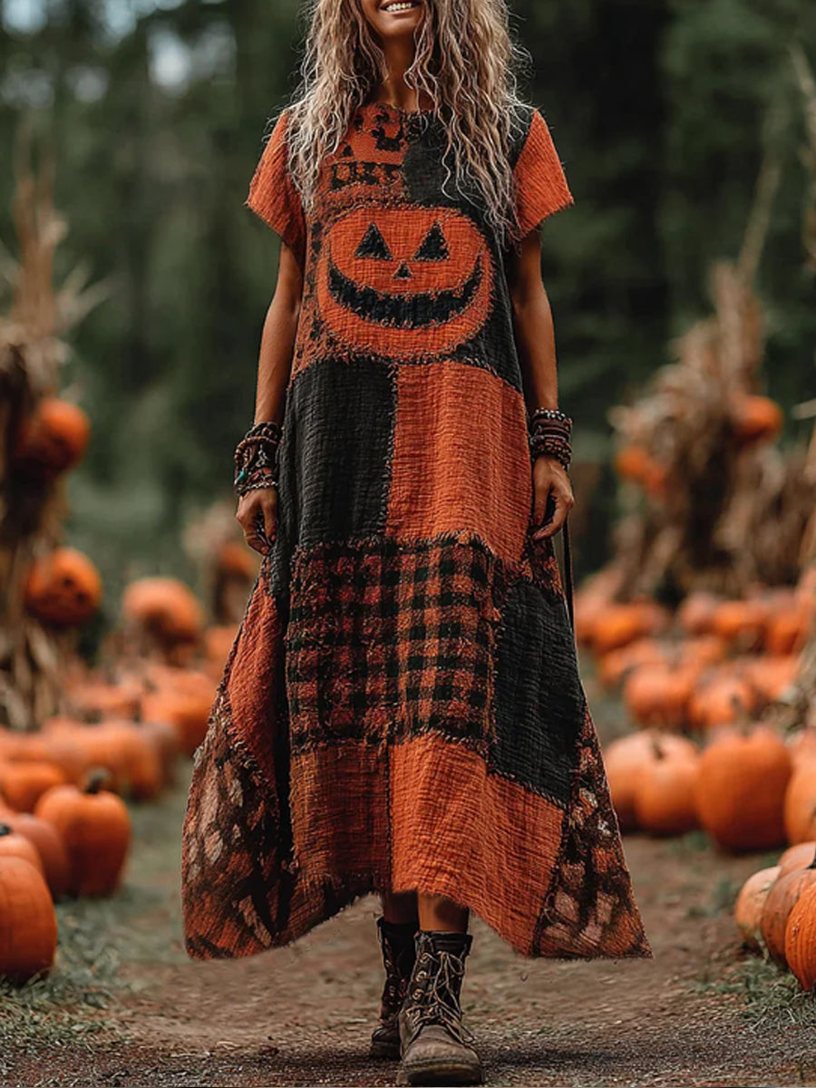 Women's Vintage Halloween Pumpkin Face Patchwork Art Linen Round Neck Maxi Dress