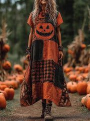 Women's Vintage Halloween Pumpkin Face Patchwork Art Linen Round Neck Maxi Dress
