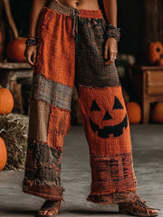 Women's Classic Halloween Pumpkin Face Contrast Color Patchwork Linen Pants