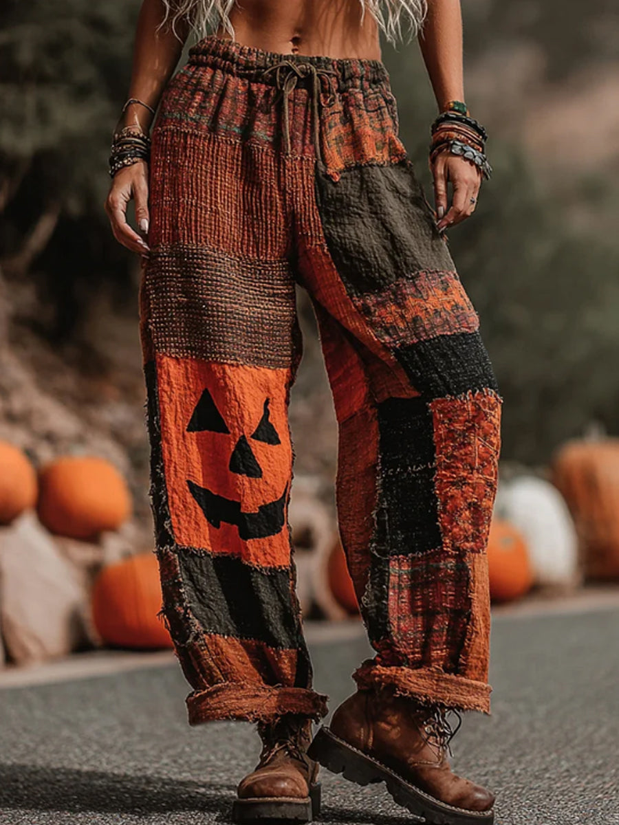 Women's Bohemian Halloween Pumpkin Face Contrast Color Patchwork Linen Pants