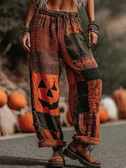 Women's Bohemian Halloween Pumpkin Face Contrast Color Patchwork Linen Pants