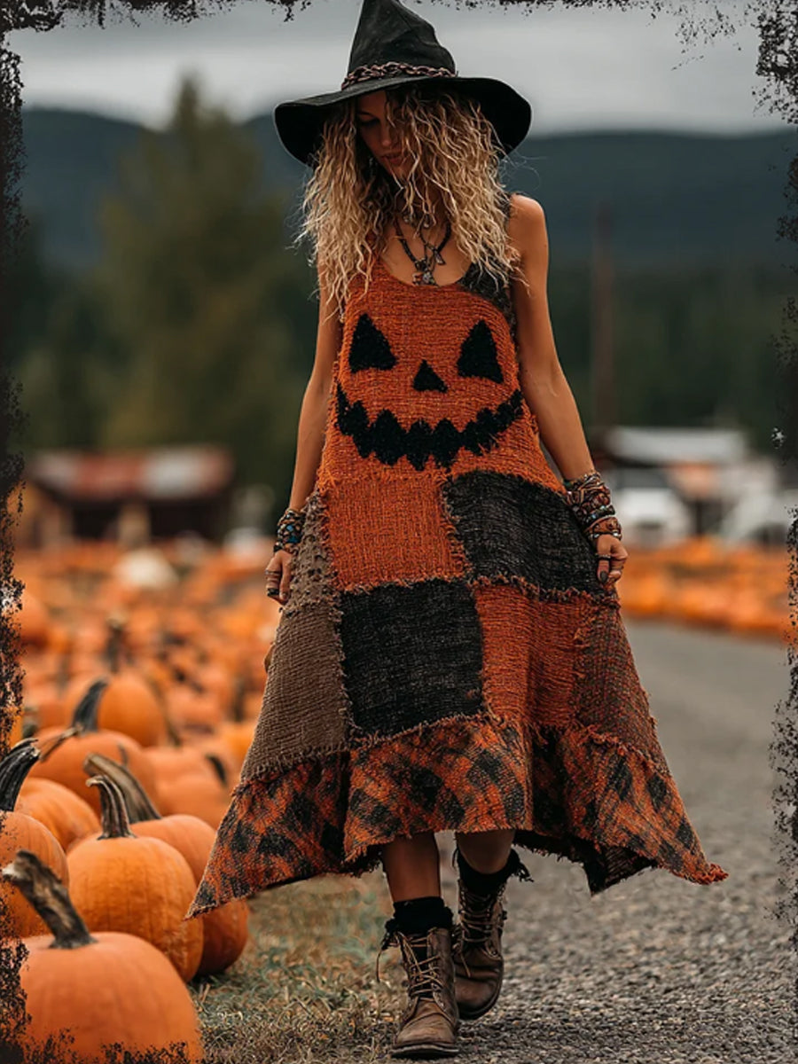 Women's Vintage Halloween Pumpkin Face Patchwork Art Linen Sleeve Dress