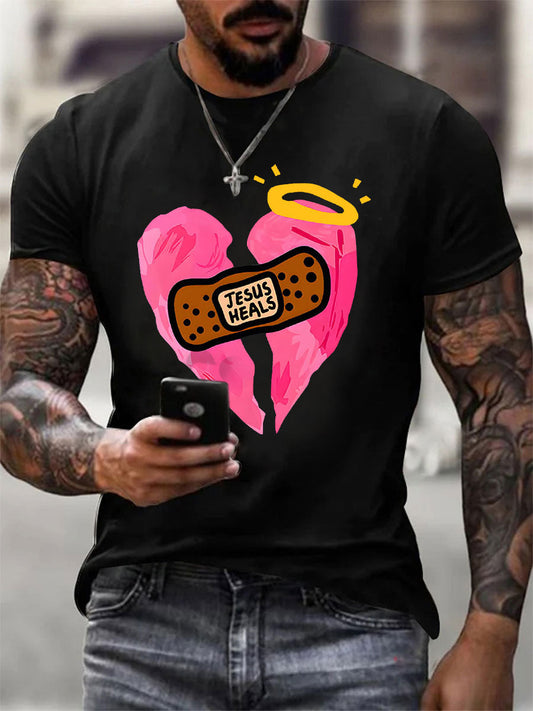 Men's Jesus Heals Print Casual T-shirt