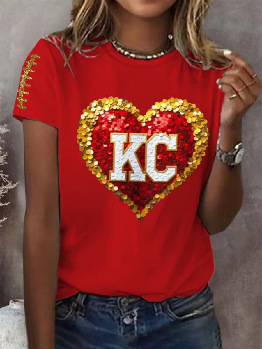 Women's Red Kingdom Football Print Crew Neck T-Shirt