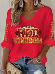 Women's Red Kingdom Football Print V-neck Tops