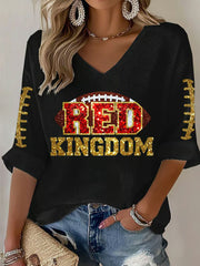 Women's Red Kingdom Football Print V-neck Tops