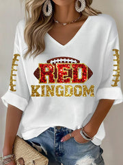 Women's Red Kingdom Football Print V-neck Tops