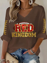 Women's Red Kingdom Football Print V-neck Tops
