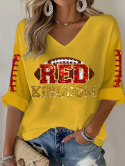 Women's Red Kingdom Football Print V-neck Tops