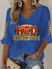 Women's Red Kingdom Football Print V-neck Tops