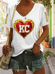 Women's Red Kingdom Football Printed V-neck T-Shirt