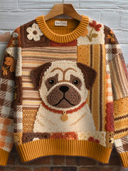 Women's Lovely Pug Crochet Art Cozy Knit Sweater