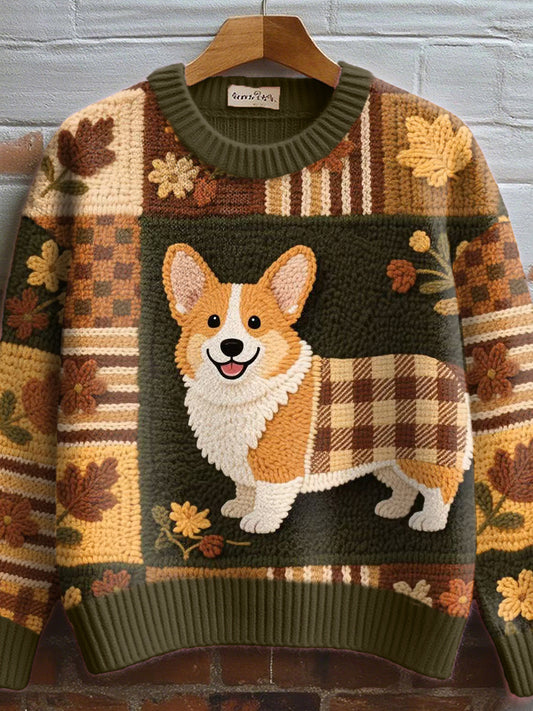 Women's Cute Corgi Crochet Art Cozy Knit Sweater