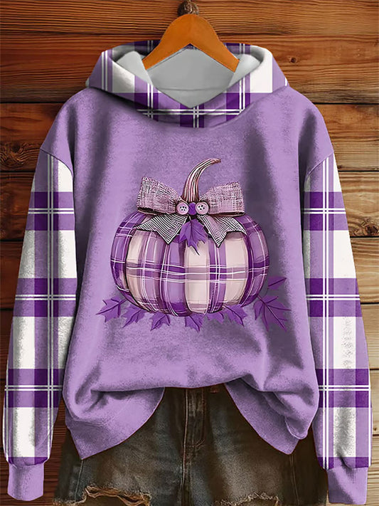 Women's Purple Pumpkin Print Casual Hoodie