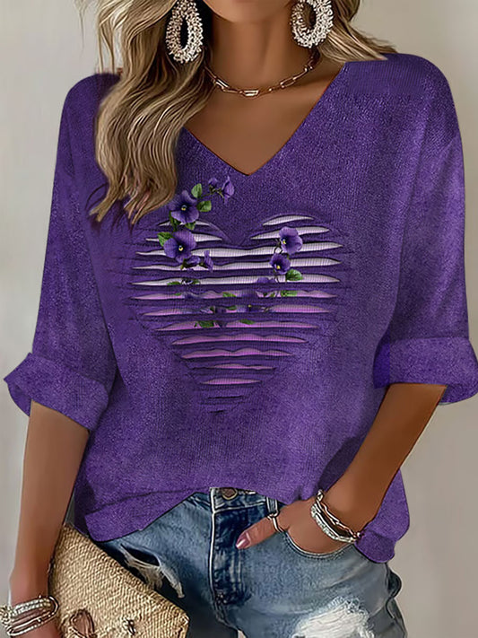 Women's Purple Floral Print Casual T-shirt