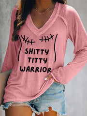 Women's Shitty Titty Warrior Breast Cancer Awareness Support V-Neck Long-Sleeve Top