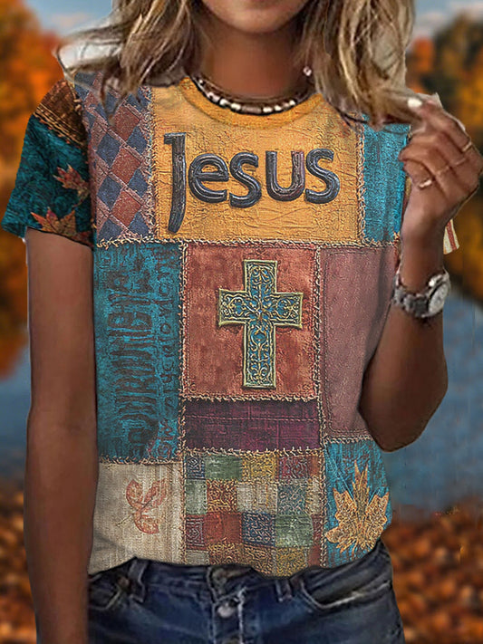 Women's  Retro Casual Faith Cross Art Print Short Sleeve T-shirt