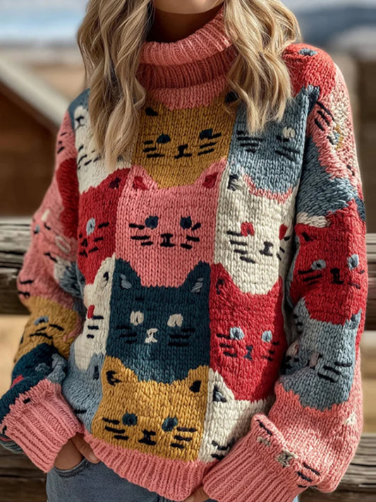 Women's Colorful Cat Embroidered Art Cozy Knitted Turtleneck Sweater