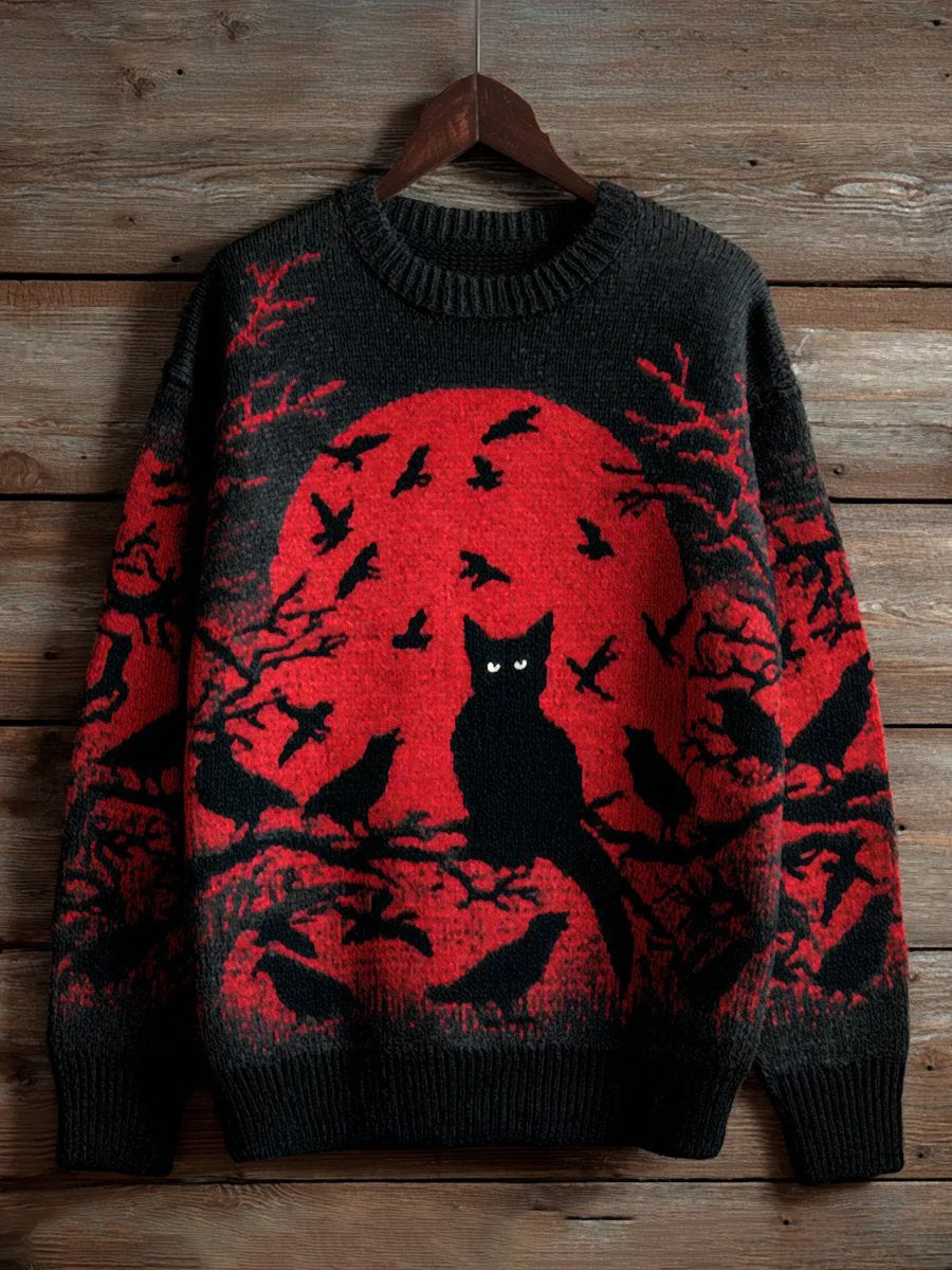 Men's Halloween Black Cat Crow Art Print Sweater
