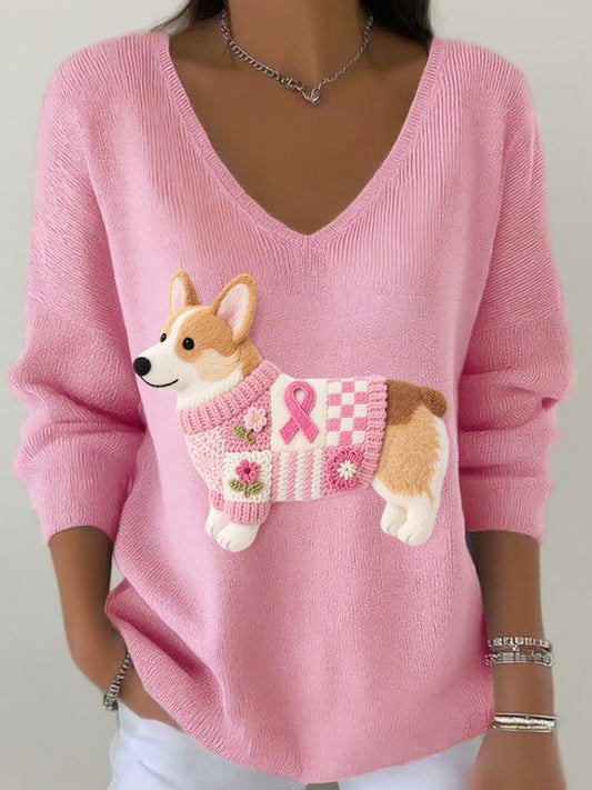 Women's Felt Art Corgi Pattern V-Neck Ribbed Top
