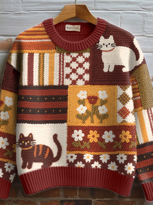 Women's Lovely Cats Crochet Art Cozy Knit Sweater