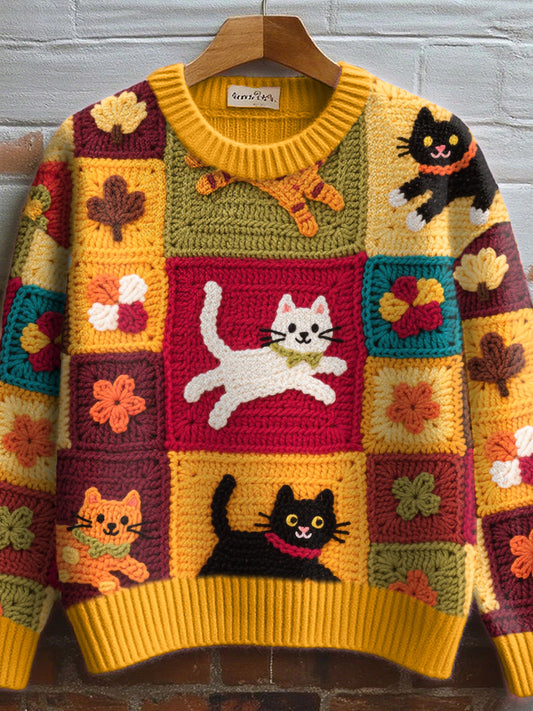 Women's Lovely Cats Crochet Art Cozy Knit Sweater