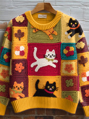 Women's Lovely Cats Crochet Art Cozy Knit Sweater