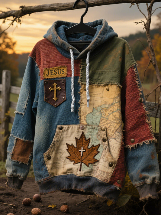 Men's Retro Casual Faith Cross Art Print Oversized Drop-Shoulder Pockets Hoodie