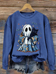 Women's Cute Halloween Ghost Black Cat Print Casual Sweatshirt