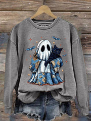 Women's Cute Halloween Ghost Black Cat Print Casual Sweatshirt