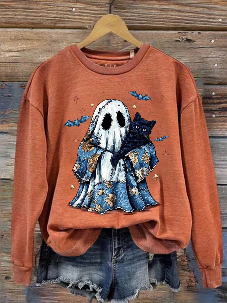 Women's Cute Halloween Ghost Black Cat Print Casual Sweatshirt