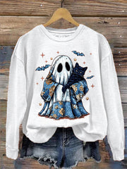 Women's Cute Halloween Ghost Black Cat Print Casual Sweatshirt