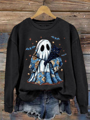 Women's Cute Halloween Ghost Black Cat Print Casual Sweatshirt