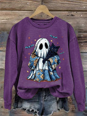 Women's Cute Halloween Ghost Black Cat Print Casual Sweatshirt