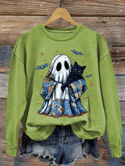 Women's Cute Halloween Ghost Black Cat Print Casual Sweatshirt
