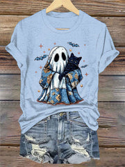 Women's Cute Halloween Ghost Black Cat Print Casual Tee