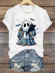 Women's Cute Halloween Ghost Black Cat Print Casual Tee