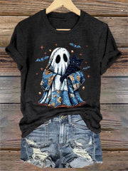 Women's Cute Halloween Ghost Black Cat Print Casual Tee