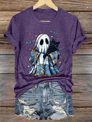 Women's Cute Halloween Ghost Black Cat Print Casual Tee