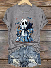 Women's Cute Halloween Ghost Black Cat Print Casual Tee
