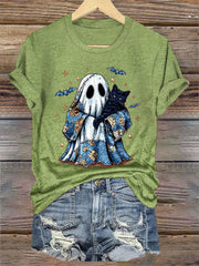 Women's Cute Halloween Ghost Black Cat Print Casual Tee