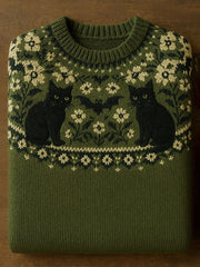 Women's Vintage Halloween Cat Art  Print Long Sleeve Sweatshirt