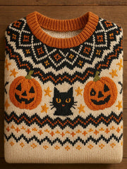 Women's Vintage Halloween Black Cat Pumpkin Art  Print Long Sleeve Sweatshirt