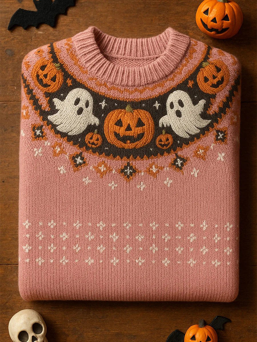Women's Vintage Halloween Ghost Pumpkin Art Print Long Sleeve Sweatshirt